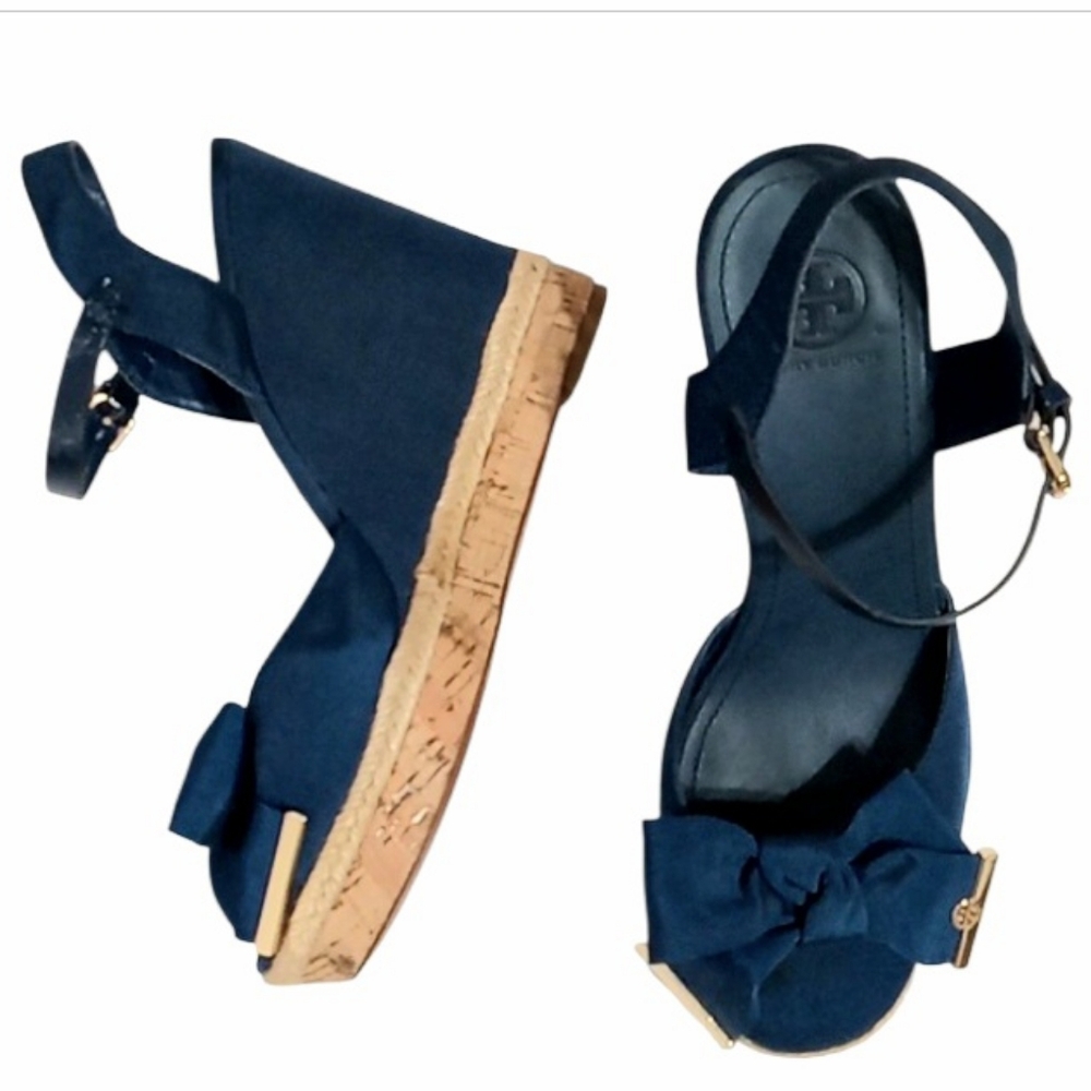 Tory Burch Penny Cork Wedge Sandals in Newport Navy Sz 10 - Picture 4 of 14